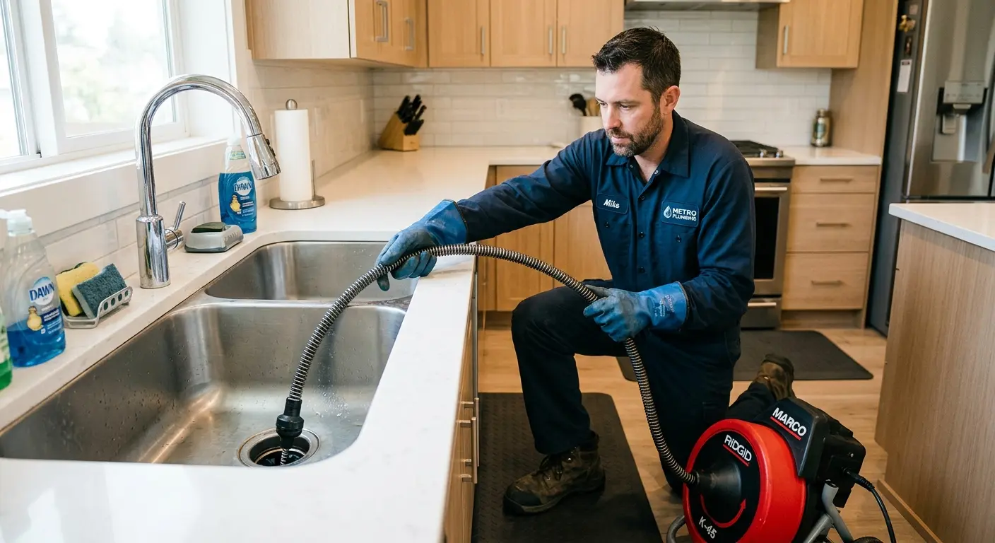 Drain cleaning technician using a motorized snake on a kitchen sink in Addis