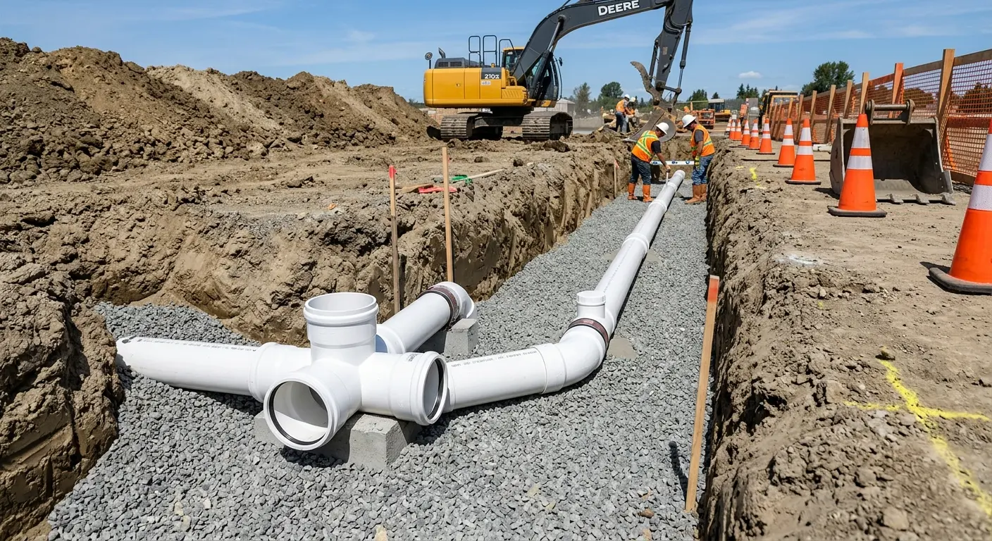 New PVC sewer pipe installation in open trench for Commercial Drain Cleaning in Addis