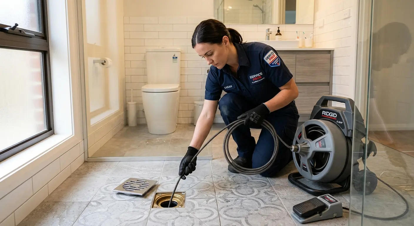 Technician clearing a bathroom floor drain for Sewer Line Replacement in Addis